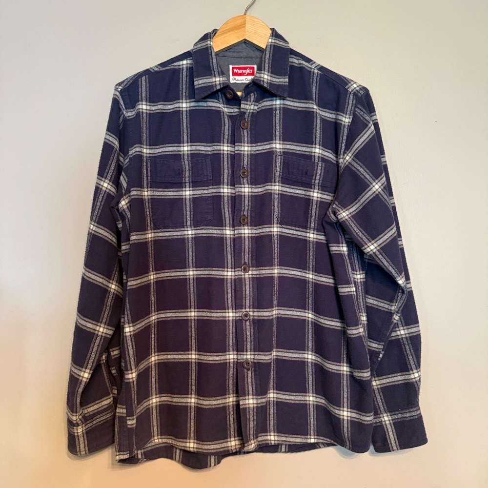 Wrangler Mens Blue Plaid Flannel Shirt Long Sleeve‎ Cotton Button Down Medium